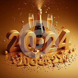 Golden 2024 New Year Numbers with Confetti and Champagne Bottle, 3d