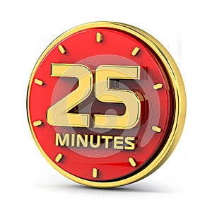 Golden 25 minutes on red background. 25 min gold. 3d illustration
