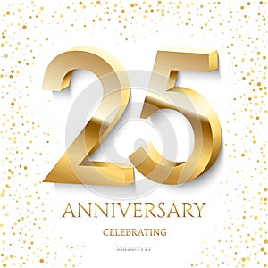 Golden 25th Anniversary Celebrating text and confetti on white background. Vector celebration 25 anniversary event