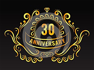 Golden 30th Anniversary Emblem Logo With Flourish Or Motif On Black