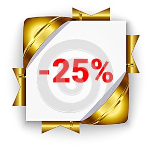 Golden 3d discount banner. White square background tied with rib