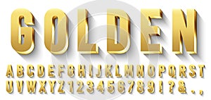 Golden 3D font. Metallic gold letters, luxury typeface and golds alphabet with shadows vector set