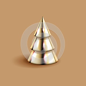 Golden 3D geometric Christmas tree on brown background. Shiny metal decoration element. Decorative mathematical figure