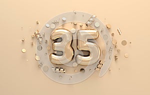 Golden 3d number 35 with festive confetti and spiral ribbons. 3d render