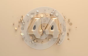 Golden 3d number 44 with festive confetti and spiral ribbons. Poster template for celebrating 44 aniversary event party. 3d render