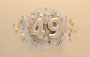 Golden 3d number 49 with festive confetti and spiral ribbons. Poster template for celebrating 49 aniversary event party. 3d render