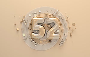 Golden 3d number 52 with festive confetti and spiral ribbons. Poster template for celebrating 52 aniversary event party. 3d render