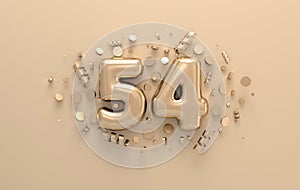 Golden 3d number 54 with festive confetti and spiral ribbons. Poster template for celebrating 54 aniversary event party. 3d render