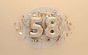 Golden 3d number 58 with festive confetti and spiral ribbons. Poster template for celebrating 58 aniversary event party. 3d render