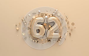 Golden 3d number 62 with festive confetti and spiral ribbons. Poster template for celebrating 62 aniversary event party. 3d render