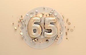 Golden 3d number 65 with festive confetti and spiral ribbons. 3d render