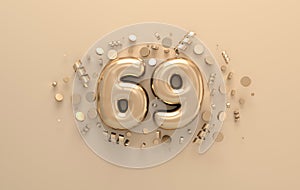 Golden 3d number 69 with festive confetti and spiral ribbons. Poster template for celebrating 69 aniversary event party. 3d render