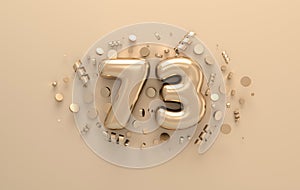 Golden 3d number 73 with festive confetti and spiral ribbons. Poster template for celebrating 73 aniversary event party. 3d render