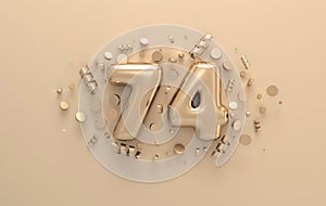 Golden 3d number 74 with festive confetti and spiral ribbons. Poster template for celebrating 74 aniversary event party. 3d render