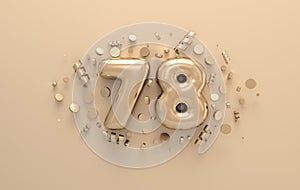 Golden 3d number 78 with festive confetti and spiral ribbons. Poster template for celebrating 78 aniversary event party. 3d render