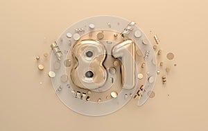 Golden 3d number 81 with festive confetti and spiral ribbons. Poster template for celebrating 81 aniversary event party. 3d render