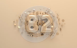 Golden 3d number 82 with festive confetti and spiral ribbons. Poster template for celebrating 82 aniversary event party. 3d render