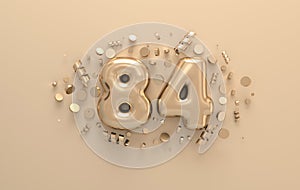 Golden 3d number 84 with festive confetti and spiral ribbons. Poster template for celebrating 84 aniversary event party. 3d render