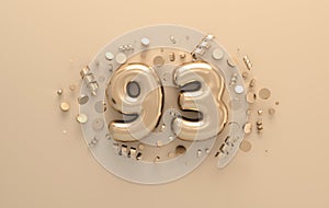 Golden 3d number 93 with festive confetti and spiral ribbons. Poster template for celebrating 93 aniversary event party. 3d render