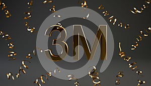 Golden 3M followers symbol with confetti for celebration 3d rendering.