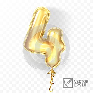 Golden 4 number four metallic balloon. Party decoration golden balloons. Anniversary sign for happy holiday, celebration
