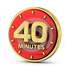 Golden 40 minutes on red background. 40 min gold. 3d illustration