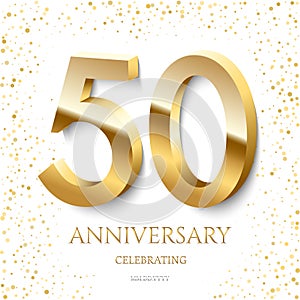 Golden 50th Anniversary Celebrating text and confetti on white background. Vector celebration 50 anniversary event