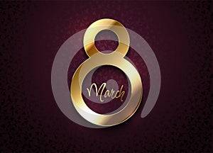 Golden 8 March luxury frame on burgundy floral pattern background. Women\'s day vector elegance design