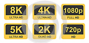 Golden 8K, 4K, 5k Ultra HD Video Resolution Icon Logo High Definition TV Game Screen monitor