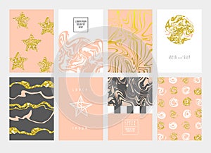 Golden Abstract Cards Design Pastel Colors. Gold Patterns for Placards, Posters, Banners. Greeting Card, Invitation Template