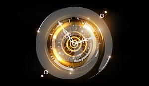 Golden Abstract Futuristic Technology Background with Clock concept and Time Machine, Can rotate clock hands, vector illustration photo