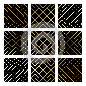 Golden abstract geometric pattern backgrounds set with gold glitter texture. Vector seamless pattern or rhombus and metal line nod