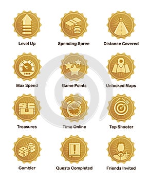 Golden achievement badges for shooter, runner, arcade game