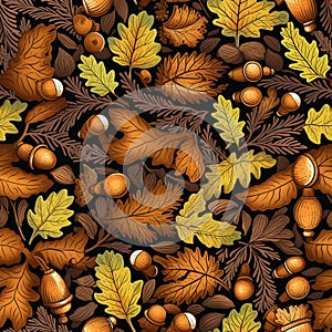 Golden Acorn Grove: Seamless Oak Leaves & Acorn Pattern in Autumnal Tones