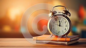 Golden alarm clock on stack of books on a blurred orange autumn background, space for text, back to school concept, promo banner