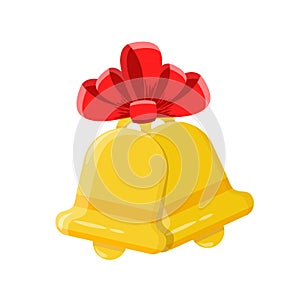 Golden alert bells with red bow for christmas or school time card design