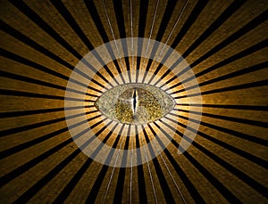 Golden all-seeing anonymous eye with lines and lights abstract religion background. photo