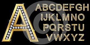 Golden alphabet with diamonds, letters from A to Z