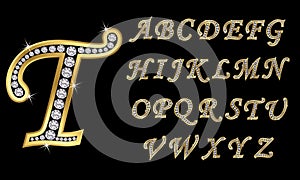 Golden alphabet with diamonds, letters from A to Z photo