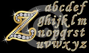 Golden alphabet with diamonds, letters from A to Z photo