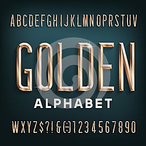 Golden alphabet font. Beveled condensed  letters, numbers and symbols with shadow.