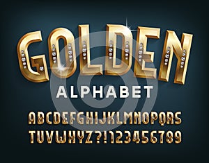 Golden alphabet font. Gold metal letters and numbers encrusted with diamonds.
