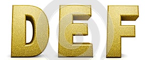 Golden alphabet. Golden glitter, font 3d render, letters D, E, F.