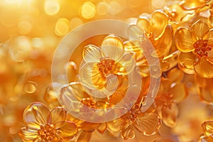 Golden amber flowers in soft focus with radiant backlighting macro nature wallpaper background