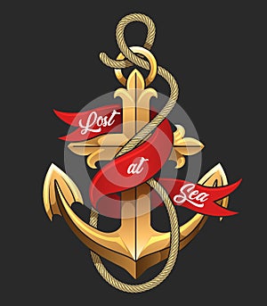 Golden Anchor with Red Banner Colorful Illustration