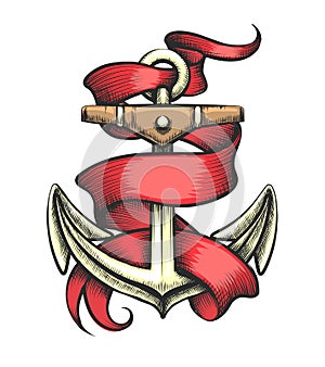 Golden Anchor with Red Ribbon Tattoo