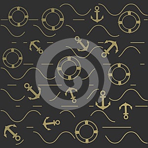 Golden anchors and lifebuoys over dark background with sea waves