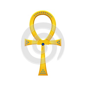 Golden ancient ankh cross. Mystical talisman with blue gems