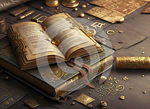 golden ancient priceless books with great knowledge mystery conceptual art. Ai generated photo