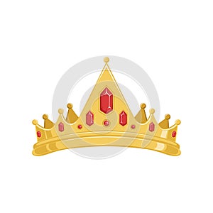Golden ancient tiara or crown with red precious stones vector Illustration